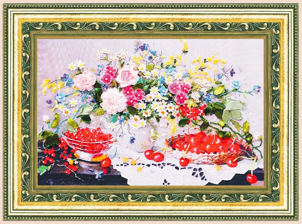 

70x50cm 3D berry flower Ribbon embroidery kit stain pricture set handcraft kit DIY handmade needlework craft bag art home decor