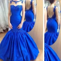 2021 backless royal blue mermaid dresses sexy high quality prom gowns sheer lace appliques formal embroidery trumpet gowns