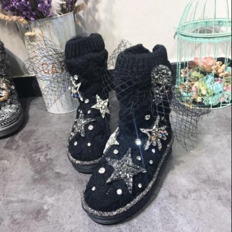 as show Теплый шерстяной пряжи теплые ботинки со стразами под бриллианты Bling Стразы звезды черепа женская зимняя обувь со шнуровкой чистый натуральный мех кожа Botines Mujer - Цвет: as show