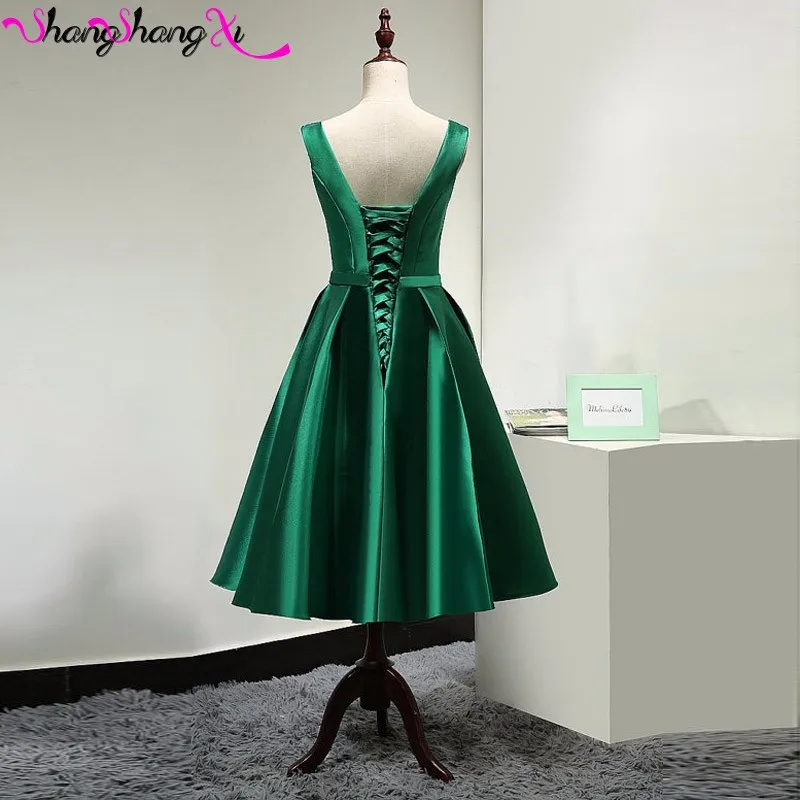 Зеленый Атласная Чай Длины Коктейльные Платья Лук Пояса Открыть Назад Короткие