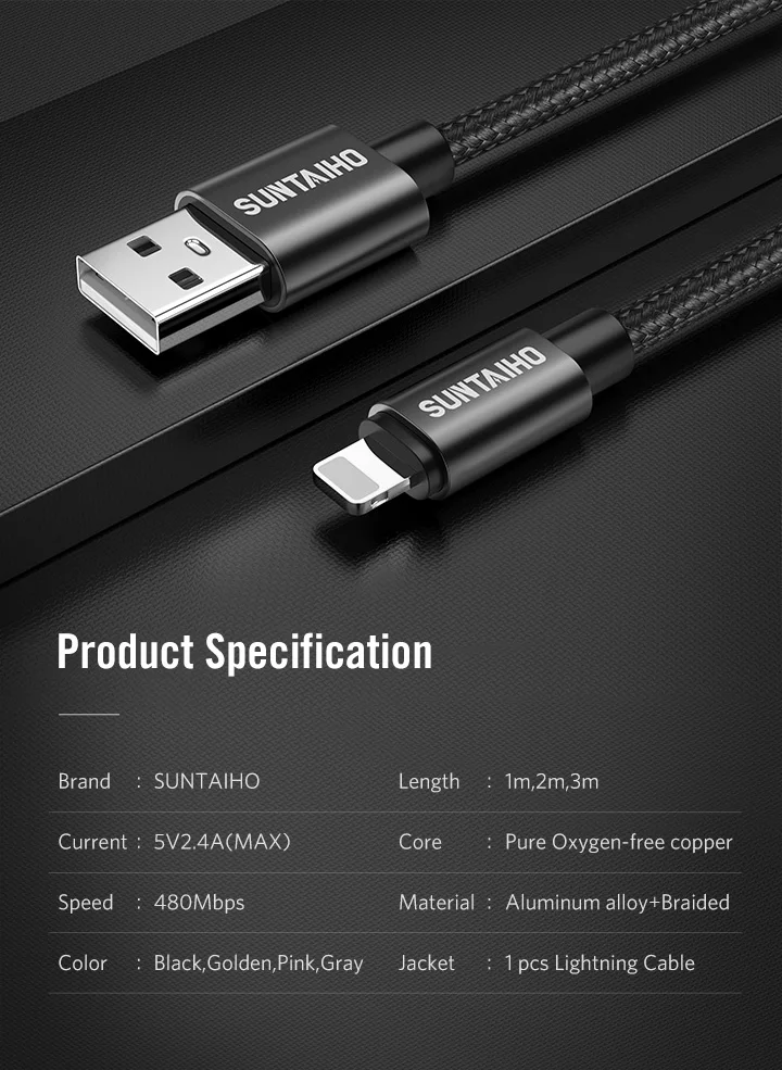 Suntaiho 2.4A usb кабель для айфона X зарядный кабель для айфона XR MAX XS 8 7 6 plus 5 s USB кабель для передачи данных телефонный провод для быстрой зарядки