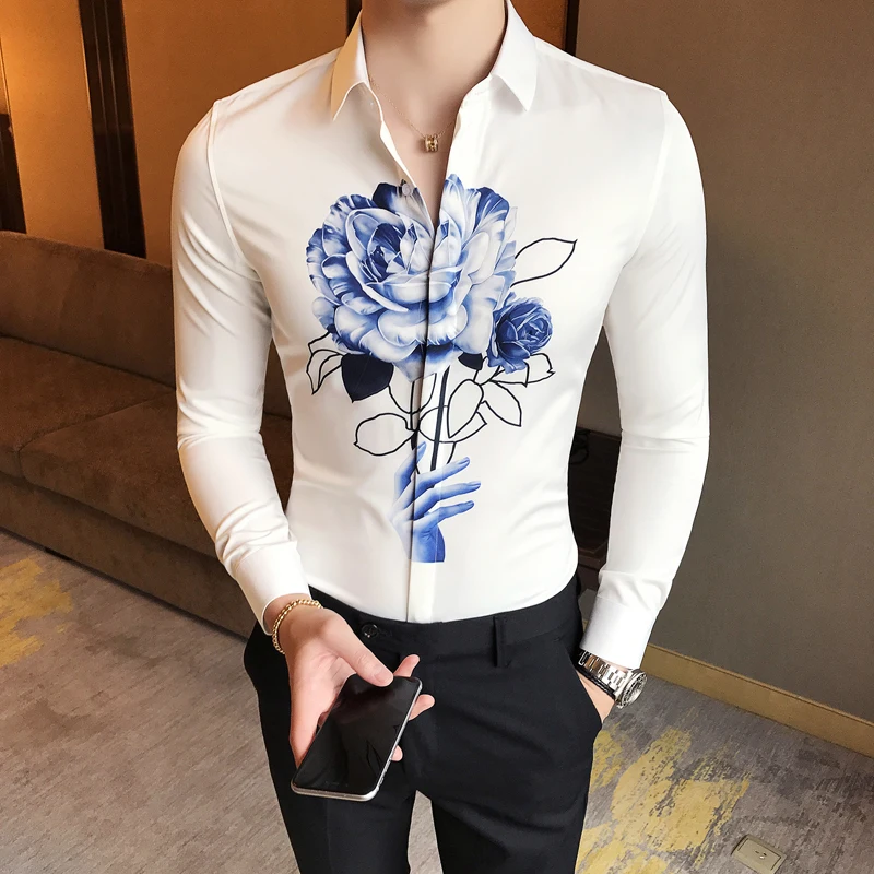 High Quality Men Shirt Korean Slim Fit Digital Print Casual Men's Social Shirts Long Sleeve Plus Size Night Club Party | Мужская