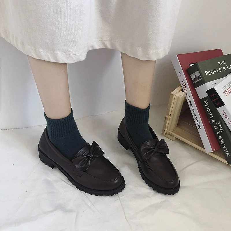

New Fashion Bow Knot Oxfords Women Shoes Female Casual Shoes Woman Plus Size Slip on Pu Leather Platform Round Toe Retro Shoes