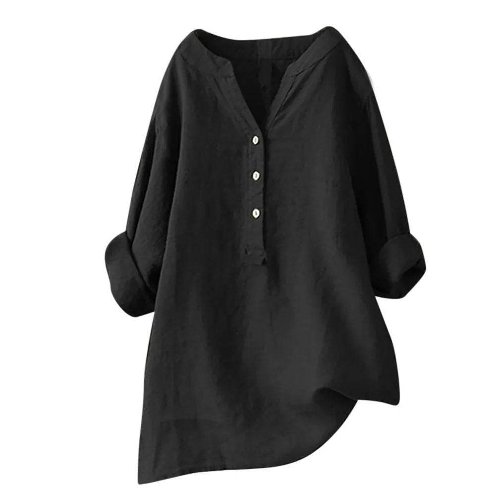 

White Cotton Linen Long Sleeve Women's Shirt V neck Button Pocket Feminine Blouse 2019 Spring Summer Loose Top Female Plus Size