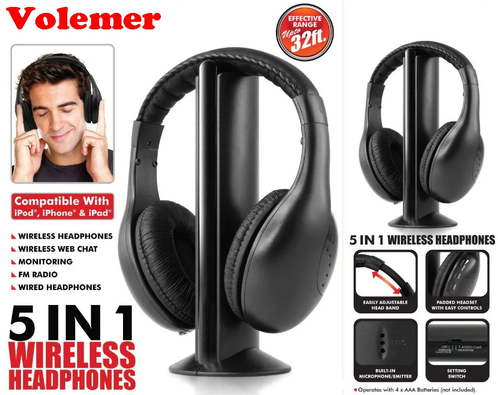 Volemer Многофункциональный 5 в 1 FM Беспроводной гарнитура для наушников MP4 PC ТВ CD MP3