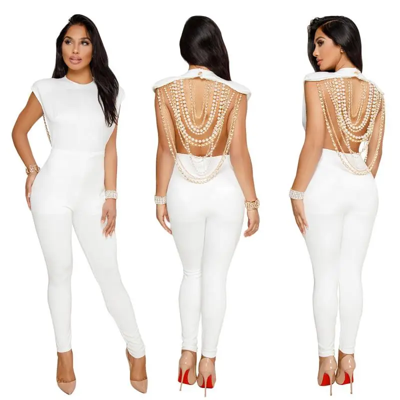 Женский комбинезон с жемчужной цепочкой Adogirl открытой спинкой и бусинами в