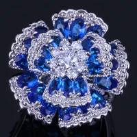 tantalizing huge flower blue cubic zirconia white cz silver plated ring v0534