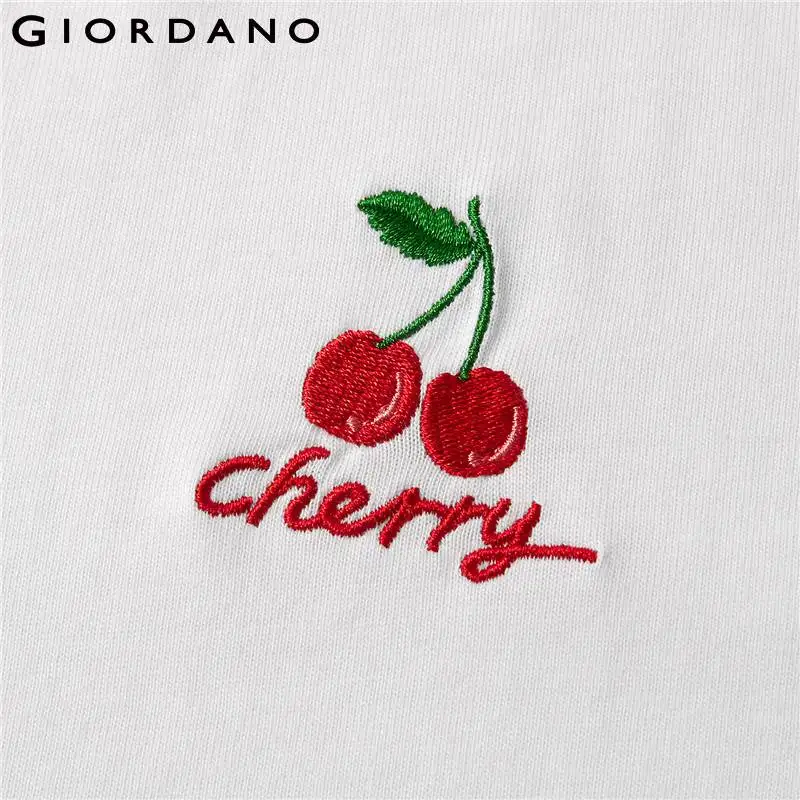 Giordano Women Tshirt Women Embroidery Fruits Contrast Color Crewneck Short Sleeve Tees Women Soft Cotton Fasion Women T Shirt