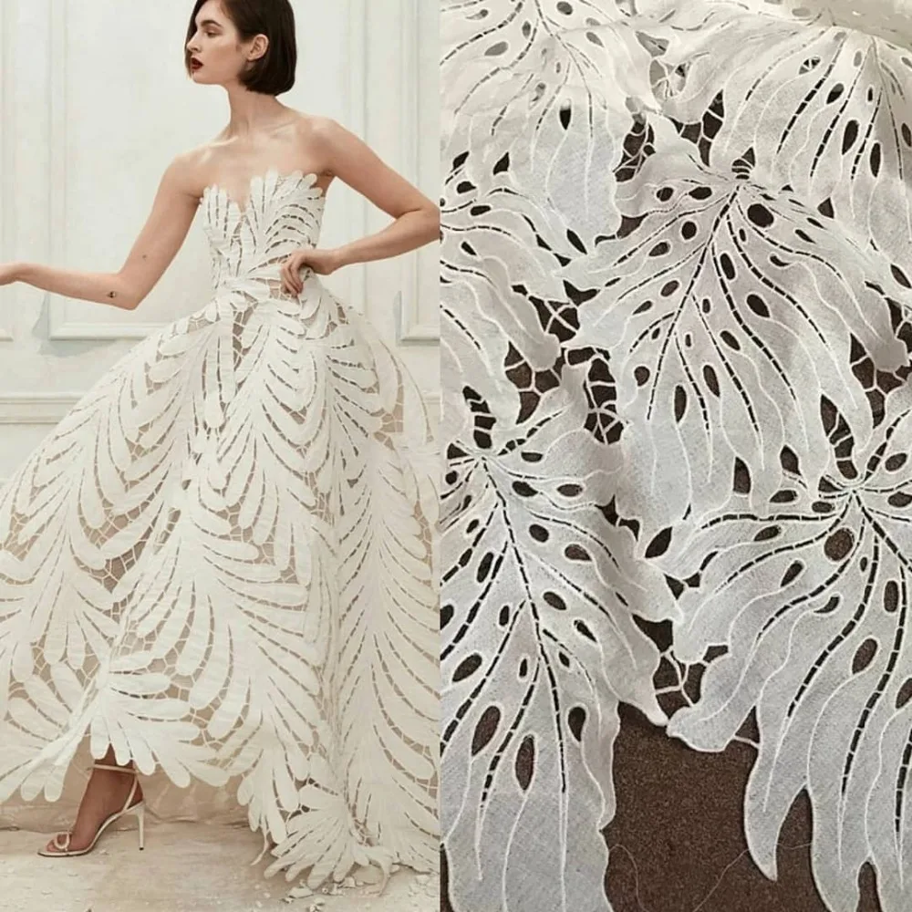 Гипюровая кружевная ткань с белыми листьями белое вышитое кружево свадебное