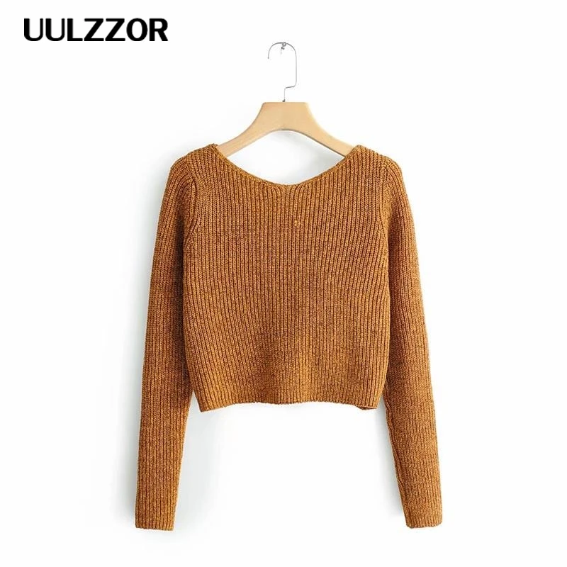 UULZZOR Sexy off shoulder cross knitted women sweater Long sleeve short pullovers party Autumn winter jumpers streetwear 2019 | Женская