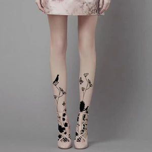Женские колготки с татуировкой цветов и птиц, тонкие летние прозрачные колготки