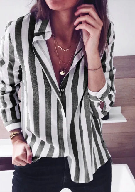 

New Autumn Women Striped Long Sleeve Shirt Turn-Down Collar Loose Blusas Femme Casual Tops Sexy Tee Tee Shirt blouse