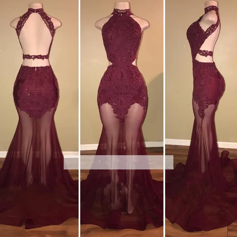 

Burgundy Prom Dresses Mermaid High Collar Tulle Lace See Through Party Maxys Long Prom Gown Evening Dresses Robe De Soiree