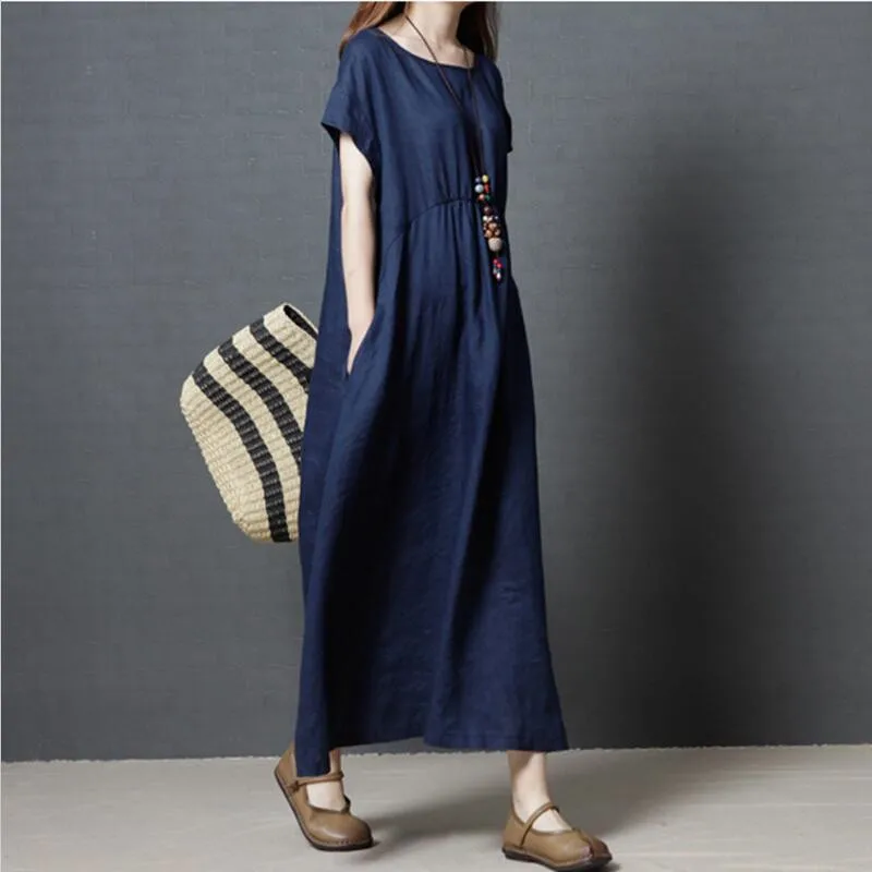 

2022 Women Vestido Short Sleeves A-line Dress Cotton And Linen Casual Loose Long Dress 4color Pocket Women Dress -