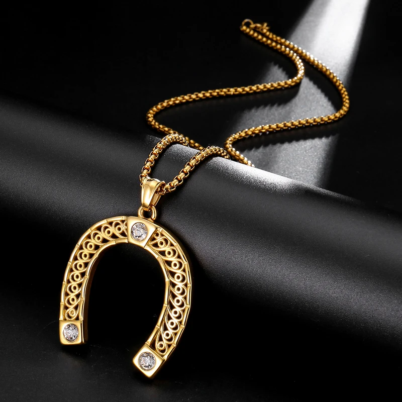 Хип хоп Bling Iced Out в форме подковы ожерелья и подвески из нержавеющей стали