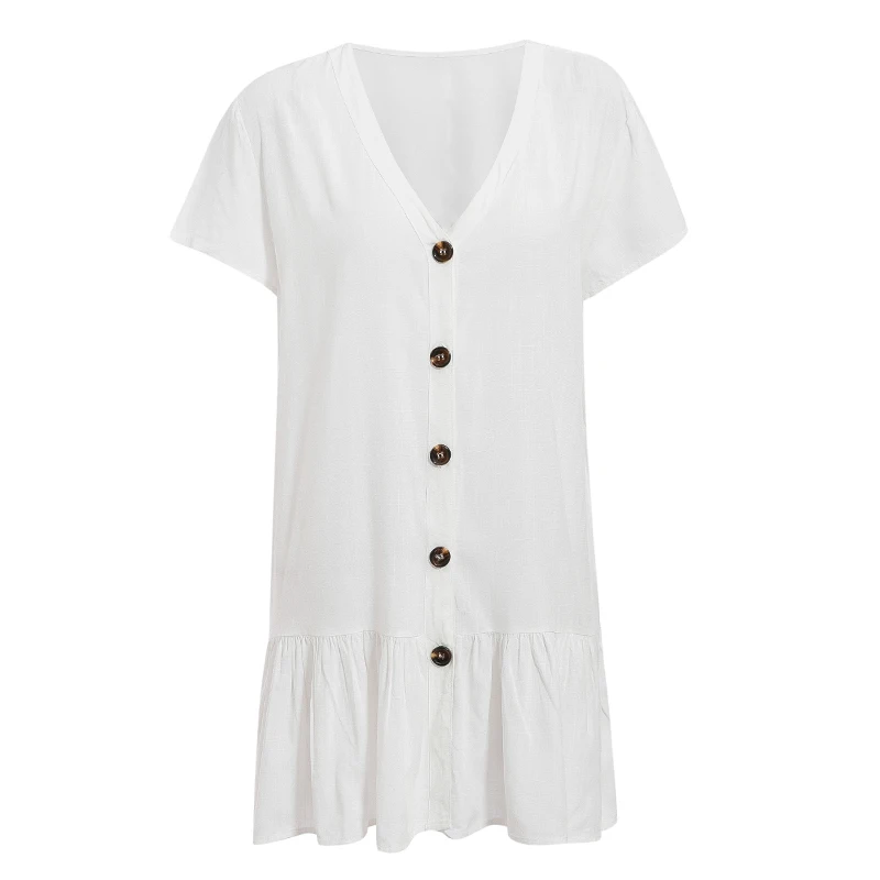 Женская туника белая с треугольным вырезом на кнопках для пляжа 2019|Пляжная