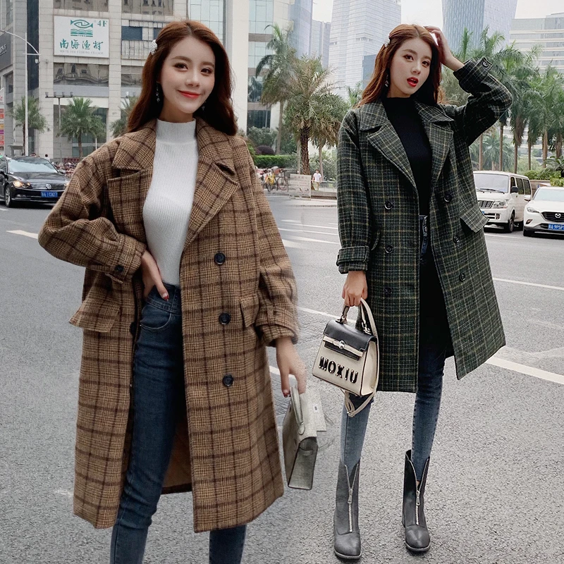 Zoki Loose Plaid Women Long Wool Blend Coat Fashion Winter Warm Jacket Elegant Double Breasted Autumn Fleece Outwear Plus Size