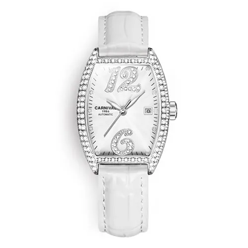 2019Carnival switzerland automatic mechanical watch women luxury brand leather strap women watches rhinestione clock reloj saati - Цвет: Silver white C8857
