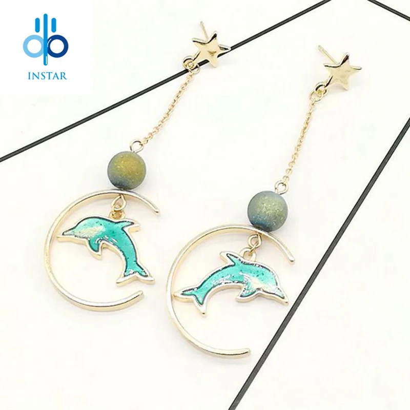 

Fashion Earring Women Boucle D'oreille Femme 2019 Sea Dolphins Asymmetric Long Fringed Female Earrings Popular Earring for Women