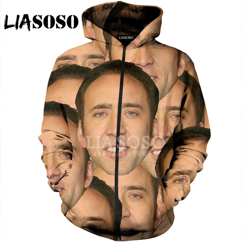 LIASOSO, 3D принт, для женщин и мужчин, пуловер с капюшоном, Николя, клетка, лицо, толстовки, кофты на молнии, куртка, хип-хоп, повседневные топы, X1392