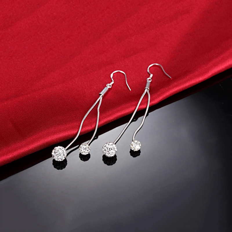 Earrings Fashion Jewelry Long Silver plated Drop Shambhala Double Full crystal Ball For Women | Украшения и аксессуары