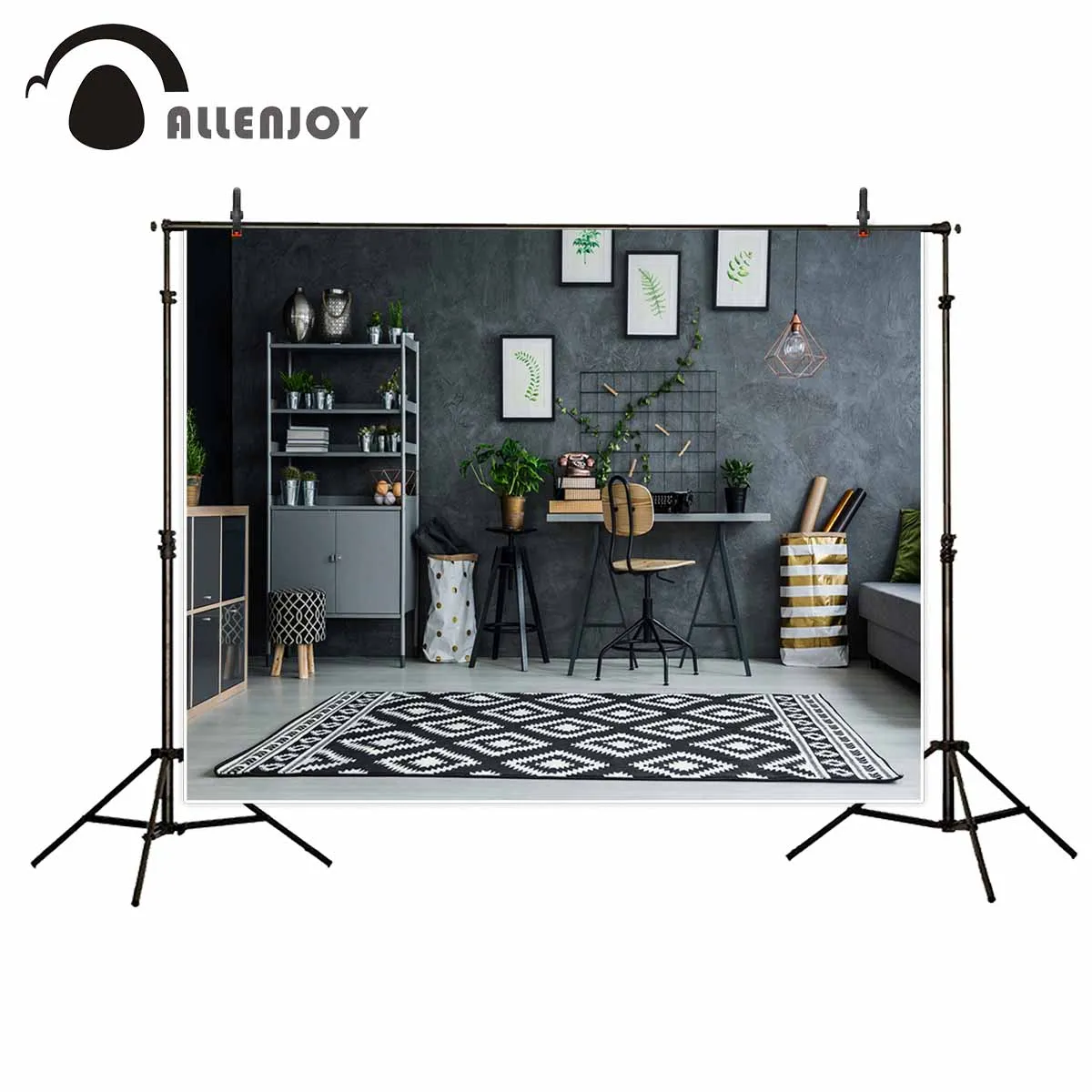 Фон для фотосъемки Allenjoy комнатный современный ковер стул серая стена растения