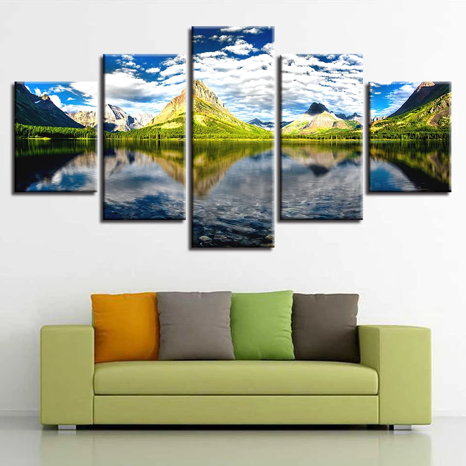 

Art Paintings Modular Decor Living Room Wall 5 Pieces Mountain Lake Blue Sky White Cloud Scenery Pictures Frame HD Prints Canvas