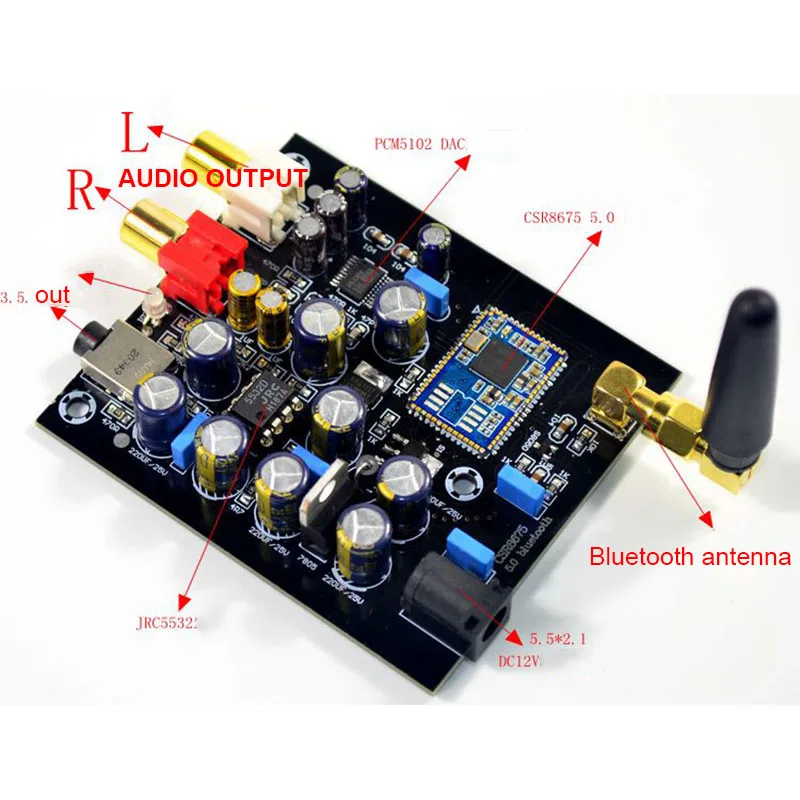 CSR8675 APTX HD Bluetooth 5 0 беспроводной приемник JRC5532 PCM5102A I2S DAC декодирование без потерь
