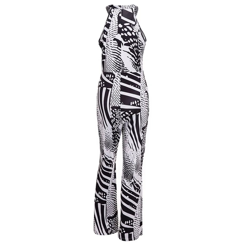 Back Halter snakeskin Print Jumpsuits Women's Sleeveless Suspender height waist Wide Legs Rompers party Bodycon sexy Trousers