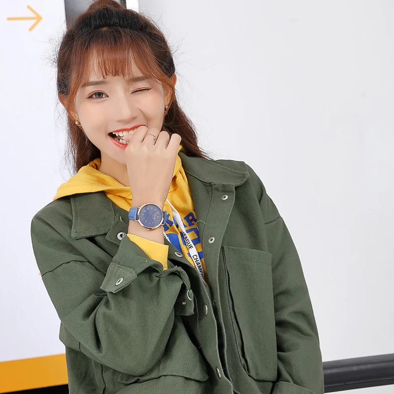 Женские классические часы Julius синие кожаные с браслетом и большим циферблатом