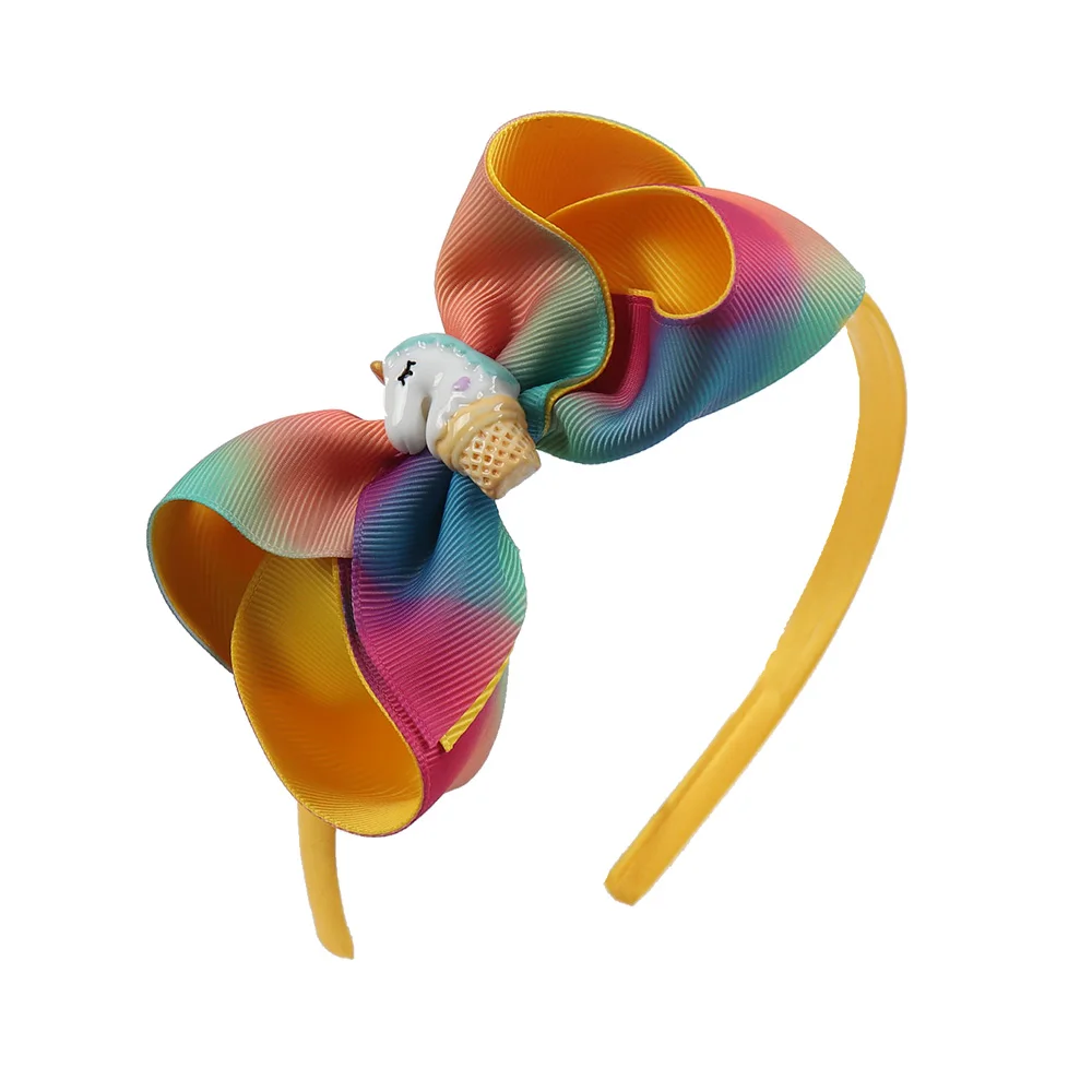 

4" Rainbow Printed Hair Bows With Horn Horse Grosgrain Elastic Hairband Boutique Handmade Headband For Girls Hair Accessories