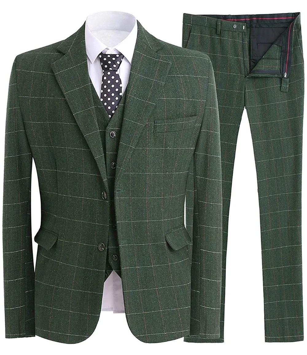 Men Suit New Slim Fit Classic Tuxedos Modern Plaid Suits Blazer 3 Piece Tweed Wool Formal Business Suit Jacket