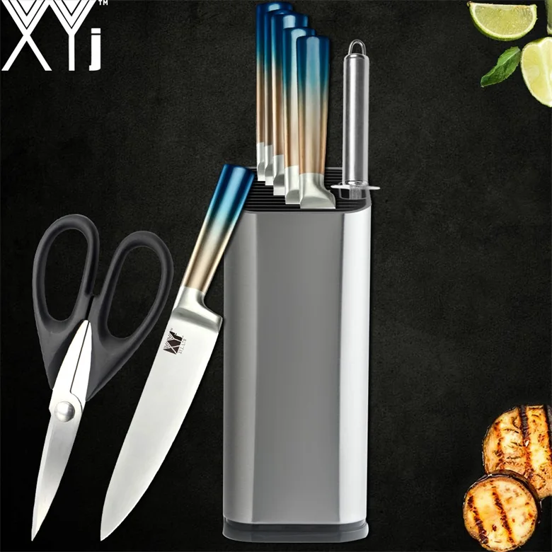 A 9 Pcs Set XYj аксессуары для кухонных ножей из нержавеющей стали, подставка для фруктовых ножей Santoku, нож для нарезки хлеба, точилка, ножницы - Цвет: A 9 Pcs Set