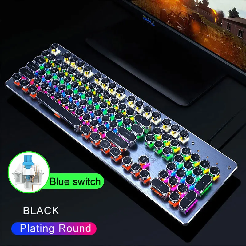 Round Plating black Игровая механическая клавиатура USB Проводная анти-ореолы металлическая панель красочная подсветка клавиатура Кристальное покрытие клавиши русская наклейка - Цвет: Round Plating black