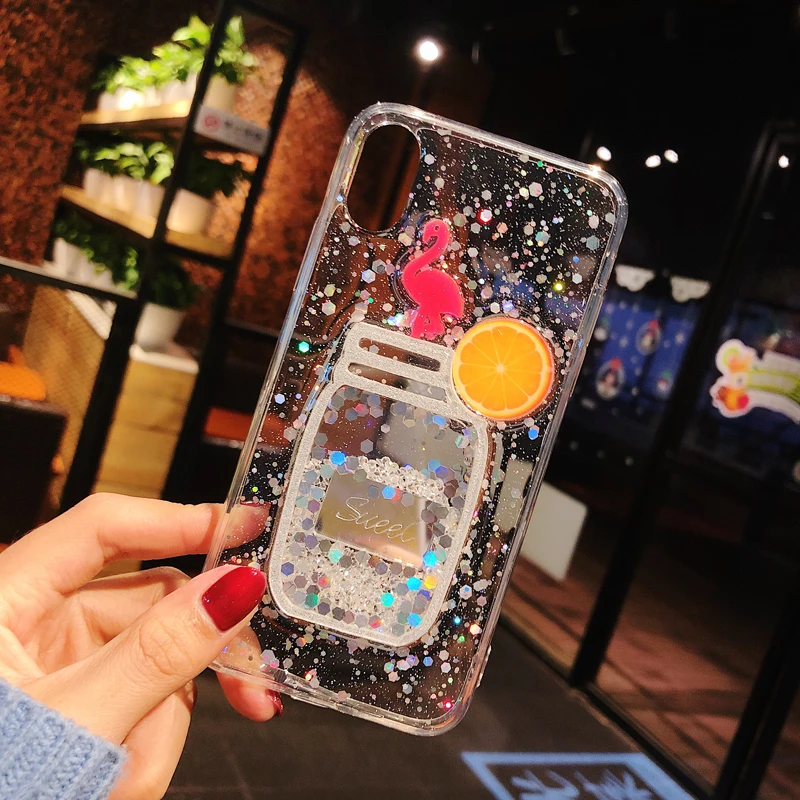 Cute Glitter Bling Transparent Liquid Flamingo Phone Case for iPhone 6 6s 7 8 Plus Glossy Soft For X XS Max XR Cover | Мобильные