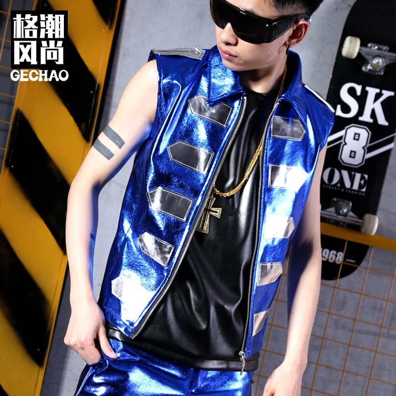 

Men 2 Pieces Sets (vest+pant) Streetwear Fashion Hip Hop Blue PU Leather Vest Jacket Male Nightclub Bar Costumes Clothes