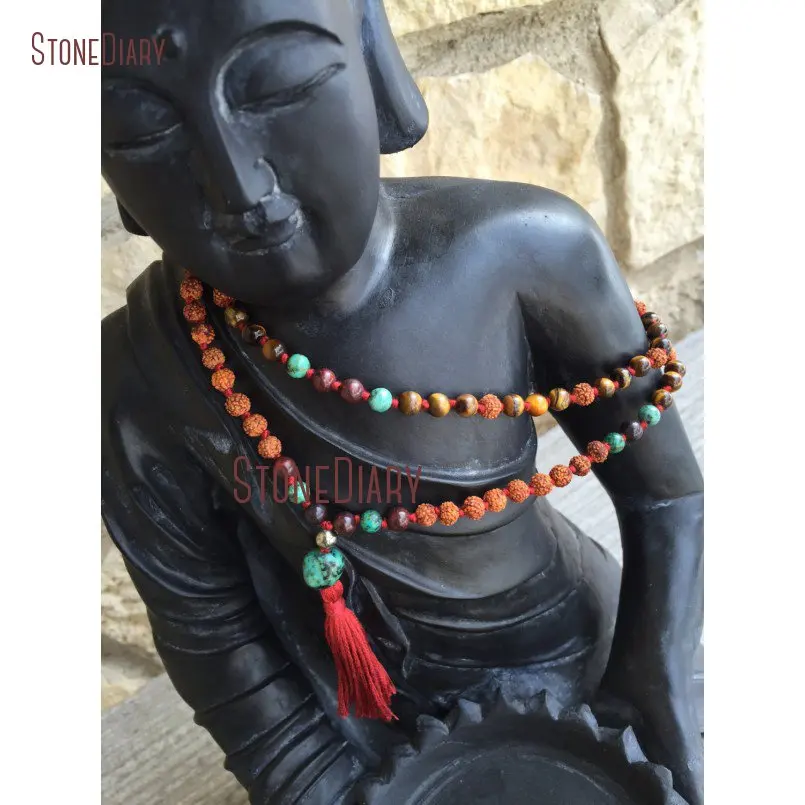 

Handmade Bohemian 108 Beads Mala Necklace Tiger Eye Rudraksha African Turquoises Knotted Beads Yoga Meditation Necklace NM11034