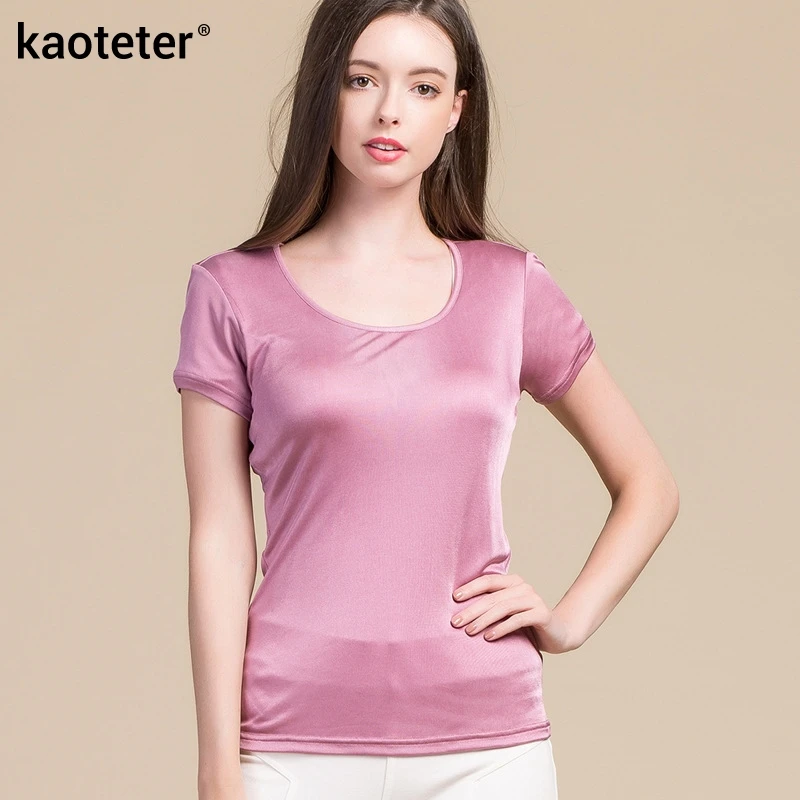 100% Pure Silk Women's T-Shirts with bra Shirt Women Casual Solid Candy Color Female Short Sleeve Fashion Ladies Shirts