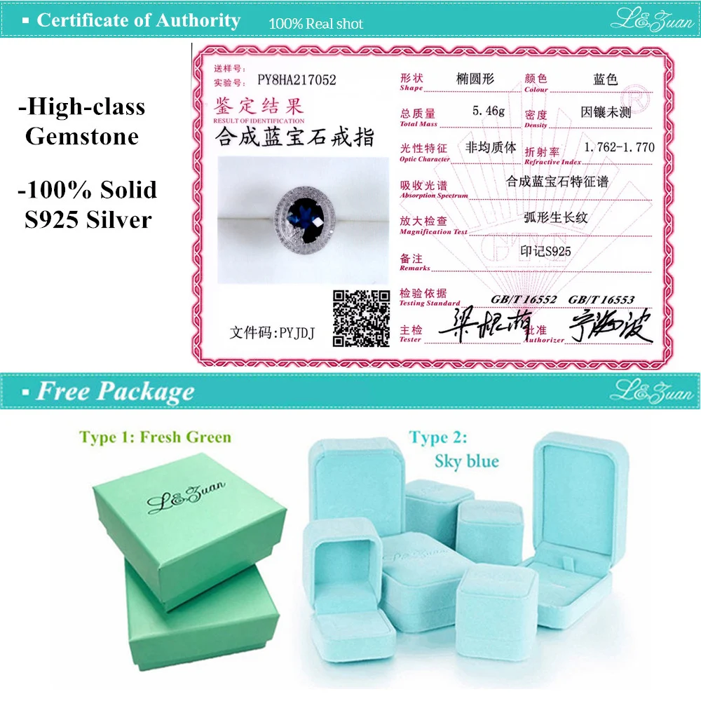 L& zuan S925 Стерлинговое Серебряные кольца для женщин 4.95ct создан сапфир драгоценный камень кольцо с синим камнем Романтический роскошные свадебные серебряные ювелирные изделия