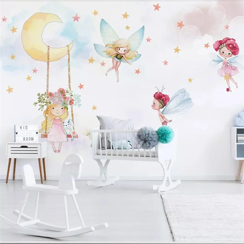 beibehang Nordic modern minimalist hand-painted cute elf girl children's room background wall custom large mural green wallpaper |