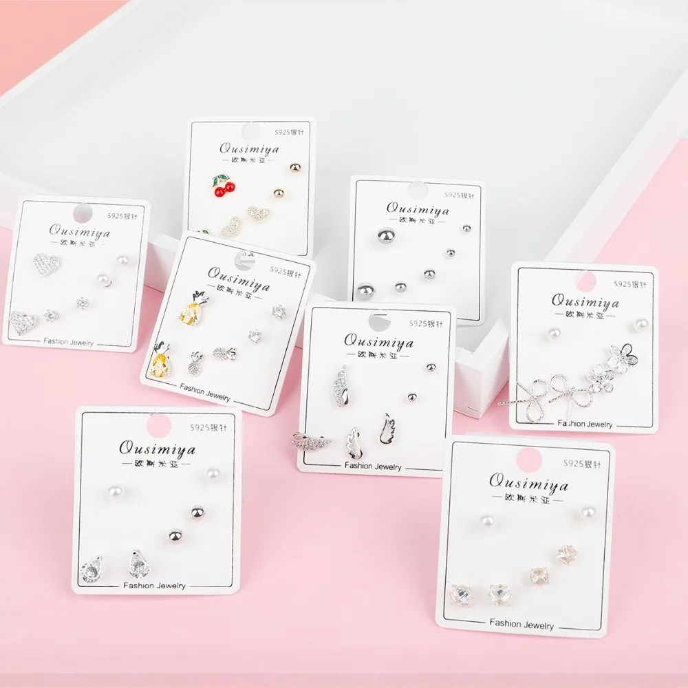 Серьги гвоздики с фианитами 6 шт./компл.|Серьги-гвоздики| |