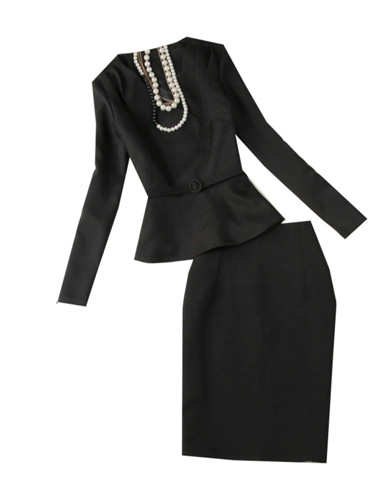 Женский костюм из двух предметов модное черное платье с длинным рукавом