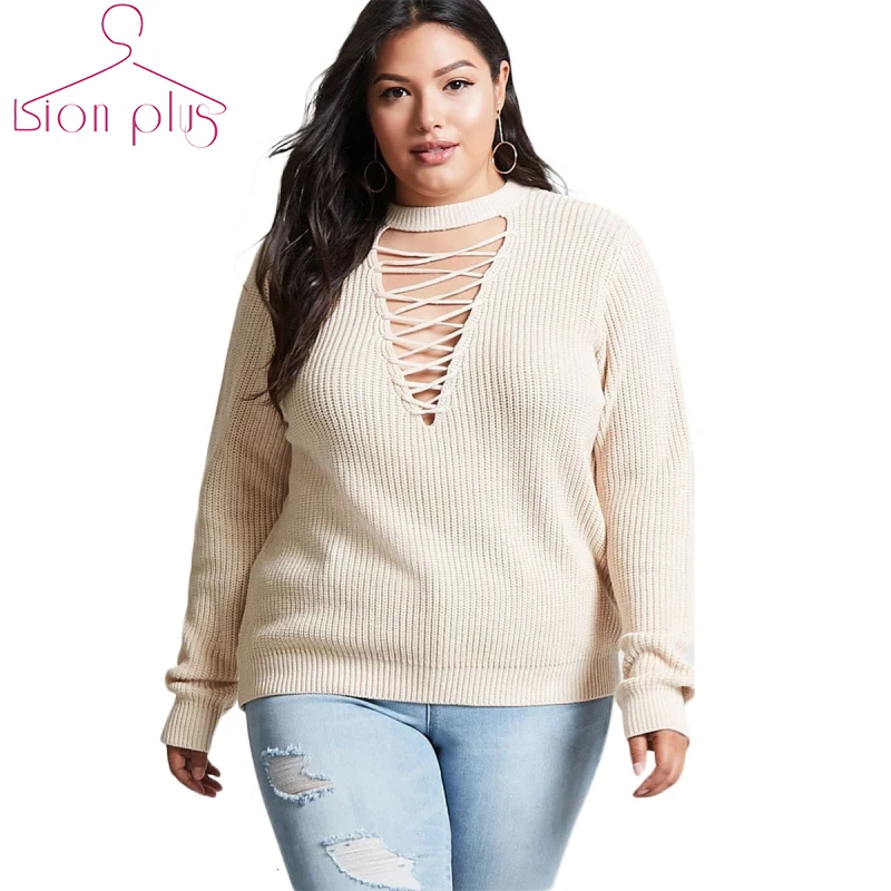 Hollow Out Collar Cross Belt Sweater Plus Size 6XL 5XL 2018 Spring Beige Long Sleeve O-Neck Sexy Streetwear Sweaters XXXL 4XL | Женская