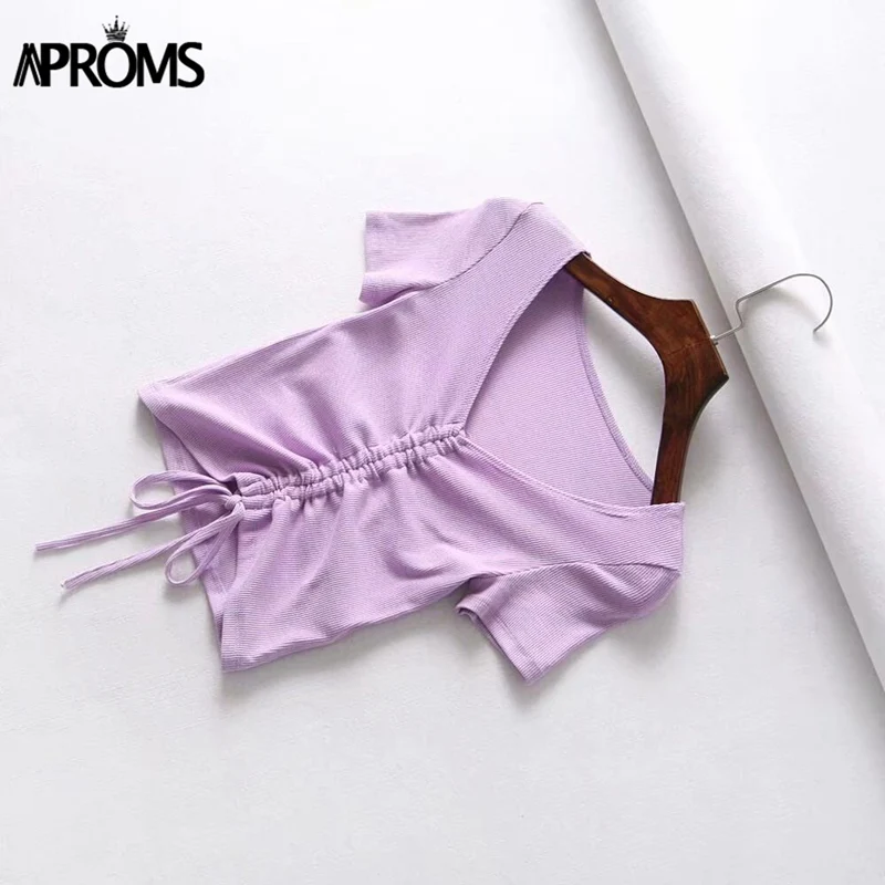 Aproms, сексуальные женские укороченные топы с v-образным вырезом, на завязках спереди, топы ярких цветов, уличная одежда, облегающий ребристый кроп-топ
