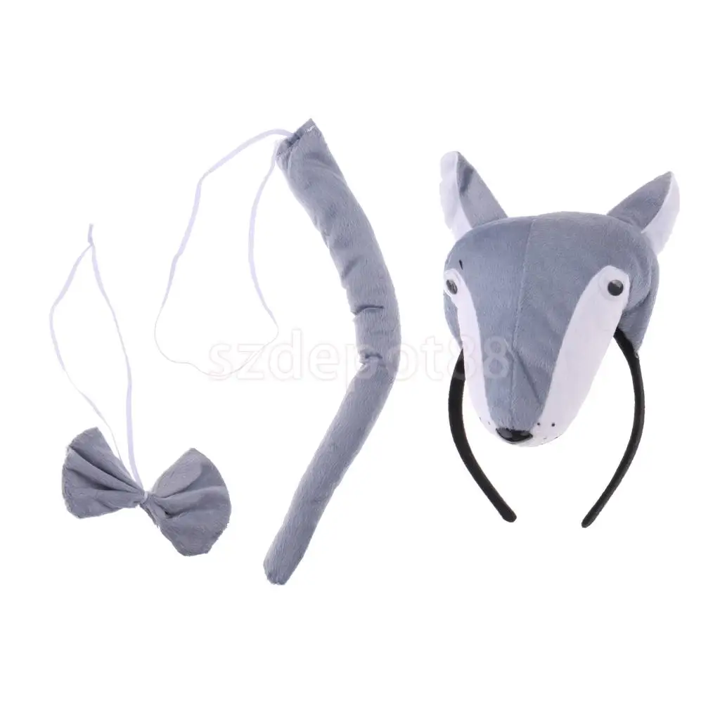 Kids Wolf Costume Set Accessory Headband Tails Bow Tie Fancy Dress Role Play Birthday Party Gift | Тематическая одежда и