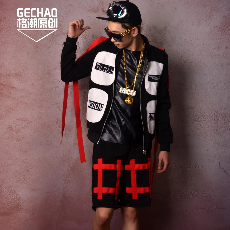 

M-6XL//Black red ribbon taped hip-hop baseball outfit star nightclub bar singer DJDS performance dress.