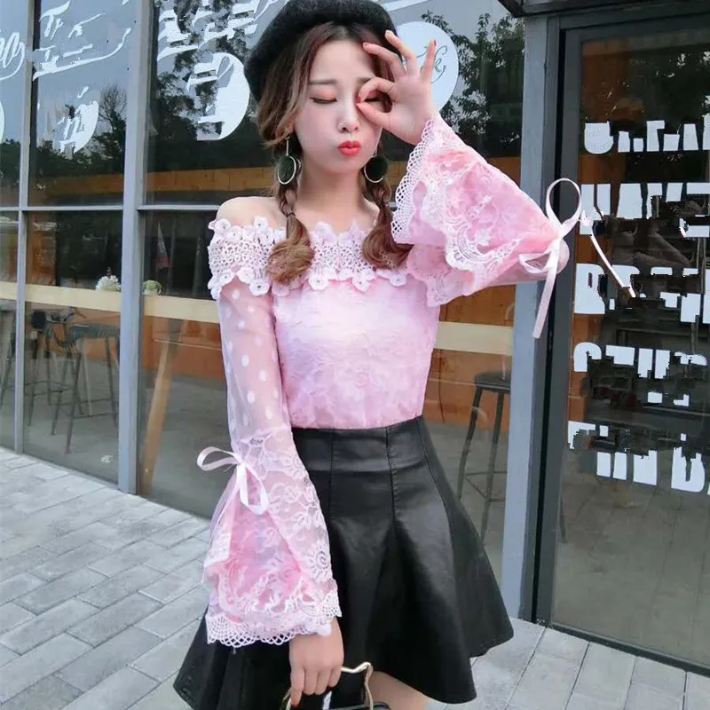 74383pink Neploe/Сексуальная женская блузка с открытыми плечами, с вырезом лодочкой, весна-лето, новые рубашки с расклешенными рукавами, модные женские блузы 74383 - Цвет: 74383pink