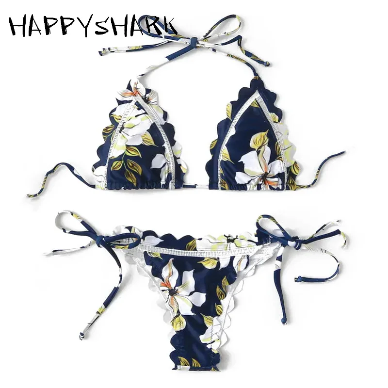 

HAPPYSHARK, бикини с цветочным узором и вырезами, Новинка лета 2019, Женский Бразильский бикини, сексуальный, темно-синий, с принтом, пляжная одежда,...