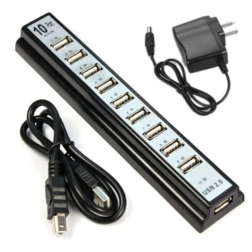 Del USA Plug 10 портов высокоскоростной концентратор USB 2 0 + адаптер питания для ПК