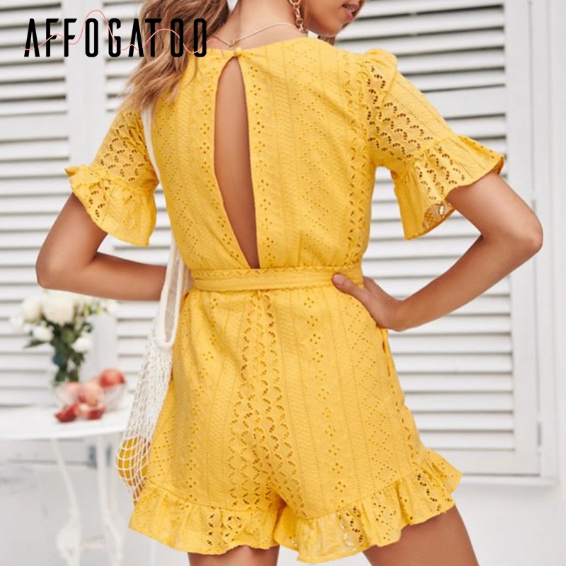 Affogatoo Sexy v neck ruffle romper women jumpsuit Elegant high waist cotton short jumpsuit Embroidery sash playsuit summer